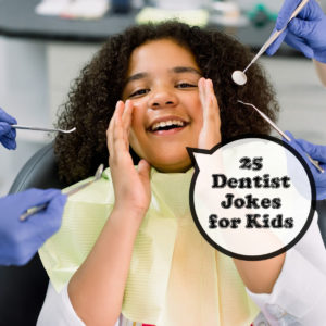Young girl in dental chair using hands to speak. Conversation bubble with text stating 25 dentist jokes for kids.